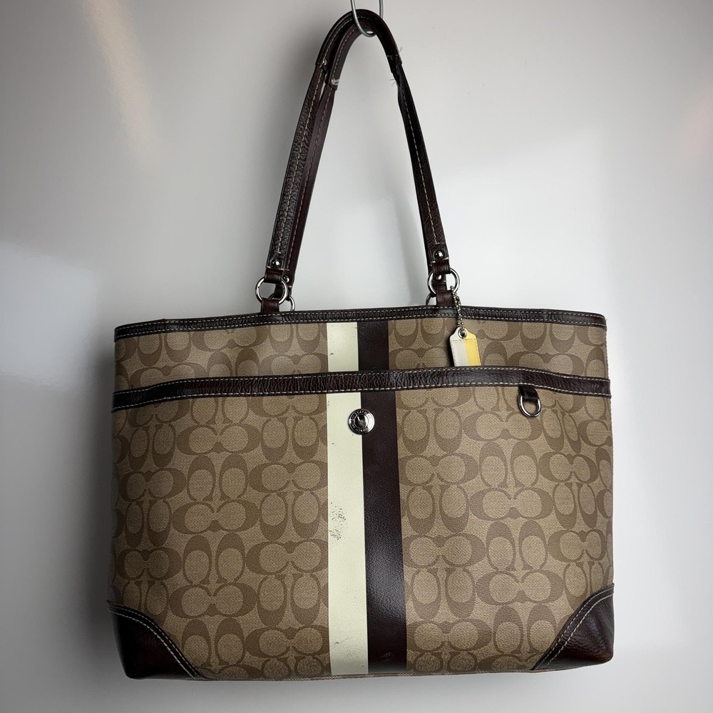 Coach Signature Stripe Diaper Bag Tote Brown Canvas Large Changing Pad